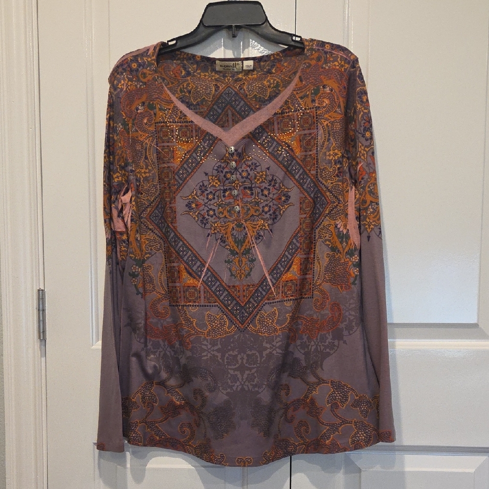 ONE WORLD Mauve Long Sleeve Paisley Print Top with Rust Accents